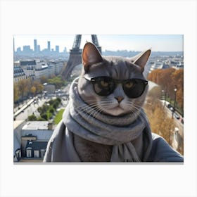 Cool Cat In Paris: A Grey Tabby Cat Wearing Sunglasses And A Scarf, Eiffel Tower In The Background Canvas Print