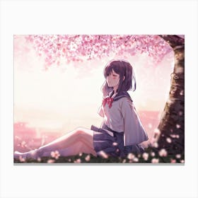 Anime Girl Captured In A Serene State With A Stoic Expression Sits Under Cherry Blossoms Gently Dr Canvas Print