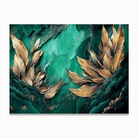 Vibrant 3d Abstract Art With Teal Backdrop, Shimmering Silver Feathers, And Bold Volcanic Peaks 1 Canvas Print