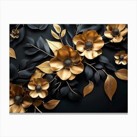 Gold Flowers On Black Background Canvas Print