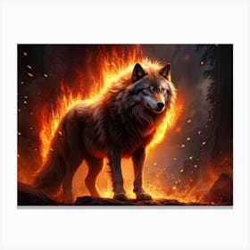 Majestic Wolf Stands At The Core Glowing Embers Dance Around It As Fiery And Electric Sparks Cascad Canvas Print