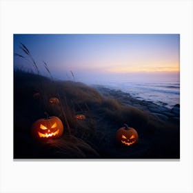 Jack O Lanterns With Eerie Glows Emanating A Soft Light Scattered Along A Desolate Shoreline Early (3) Canvas Print