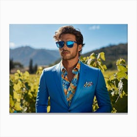 A Fashionable Businessman In A Playful Summer Setting His Sunglasses Reflecting The Mountain Filled (5) Canvas Print