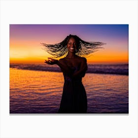 African Woman Radiant Smile Embracing The Warmth Of A Summer Sunset Silhouette Outlined Against T (5) Canvas Print