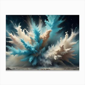 A Massive Explosion Of Blue, White, And Beige Powder Against A Dark Background Canvas Print