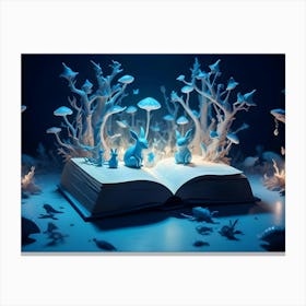 A Magical Scene Of A Book Opened To Reveal A Forest Of White Trees And Mushrooms, With Two Blue Rabbits Sitting On The Pages Canvas Print