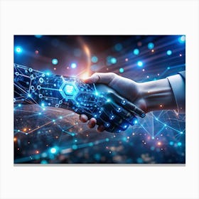 A Human Hand Shaking Hands With A Robot Hand, Both Surrounded By A Network Of Glowing Lines And Dots Canvas Print