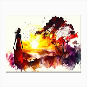 Stunning Sunset - Woman In Red Dress At Sunset Canvas Print