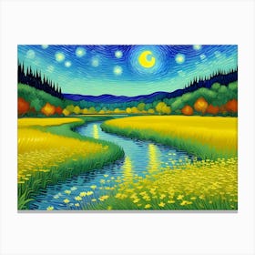 Oil painting with Van Gogh influences, landscape of fields and a stream crossing the horizon on a beautiful moonlit night. Canvas Print