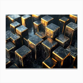 3d Art Golden Lines And Pattern Cubes On Black Marble 1 Canvas Print