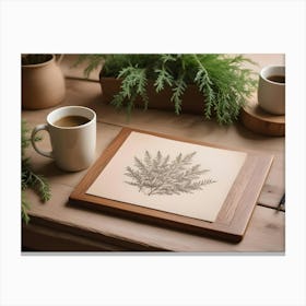 A Still Life Photo Of A Wooden Table With Two Mugs Of Coffee, A Framed Drawing Of A Fern Leaf, And A Pencil Canvas Print