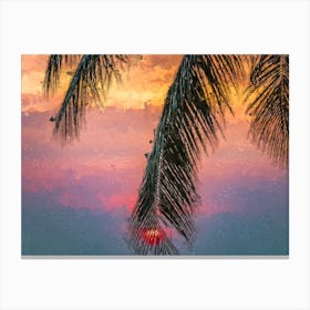 Palm Tree Branch And Sunset Sun Oil Painting Landscape Canvas Print