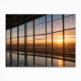 A Large Window With A Panoramic View Of A City Skyline At Sunset Canvas Print