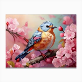 Bird Perched On Cherry Blossoms Canvas Print