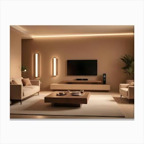 A Modern Living Room Interior With A Beige Sofa, Two Armchairs, A Wooden Coffee Table, A Tv, A Plant, And Floor Lamps Canvas Print