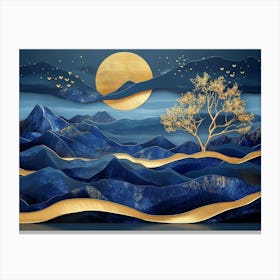 3d Modern Art With Blue Night Landscape With Dark Mountains, Giant Golden Tree And Gold 1 Canvas Print