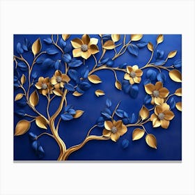 Elegant Gold And Royal Blue Floral Tree With Seamless Leaves And Flowers Hanging Branches Illustration 1 Canvas Print