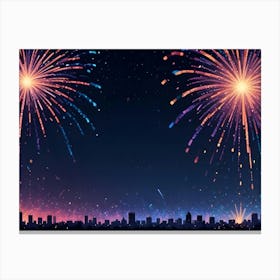 Two Large Fireworks Exploding In The Night Sky Over A Cityscape, Creating A Colorful Display Of Red, Orange, Blue, And Purple Hues Canvas Print