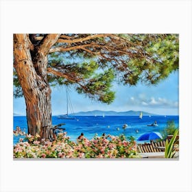 Serene Summer at the Var Riviera. A picturesque view of the Var Riviera coastline, showcasing a vibrant seaside scene with blooming flowers, sunbathers under a majestic pine tree, and sailboats drifting on the sparkling azure waters. Canvas Print