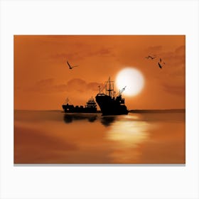 Silhouette Of Fishing Boats At Sunset Digital Art Artwork Sea Canvas Print