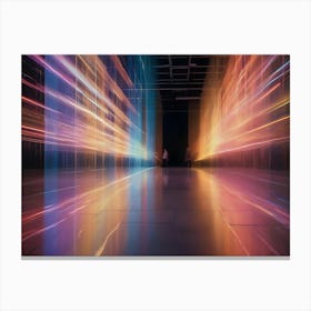 Two Figures Stand In A Darkened Room, Illuminated By A Display Of Colorful, Glowing Lines That Resemble A Digital Data Stream Canvas Print