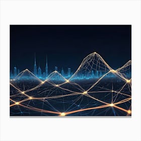 Abstract Image Of A Futuristic Cityscape With Glowing Orange Lines Connecting The Buildings, Resembling A Network Or Digital Landscape Canvas Print