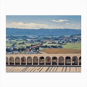 The Cloister and Countryside of Assisi. A serene view of the stone arches of Assisi's cloister, leading the eye to the verdant Umbrian countryside in the background. The combination of medieval architecture and rolling green hills evokes a sense of timeless beauty and tranquility. Canvas Print