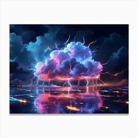 Intense Lightning Storm Illuminating The Night Sky With Vibrant Colors, Reflected In The Water Below Canvas Print