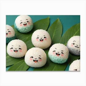 Line Of Smiling Rice Balls With Colorful Accents 1 Canvas Print