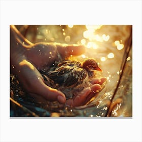 Baby Bird In Hands Canvas Print