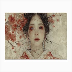 Geisha Grace: Elegance in Burgundy and Grey. Asian Girl With Cherry Blossoms Canvas Print