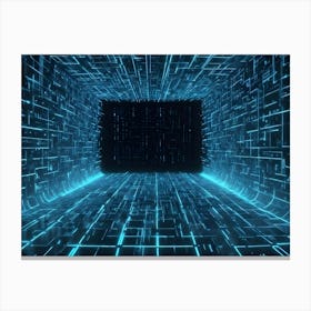 A Dark Tunnel With Blue, Glowing Lines Forming A Grid Like Pattern On The Walls Canvas Print