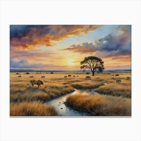 Golden Plains, Untamed Beauty Lions At Sunset Canvas Print