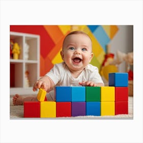 Baby Smiling Engaging With Vibrant Blocks Of Primary Colors Soft Focus Background Enhancing The Ch (6) Canvas Print