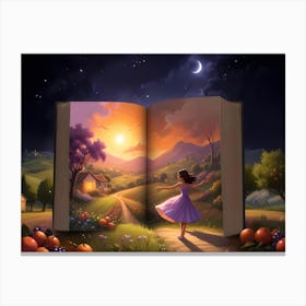 Woman In Purple Dress Walks Towards A Cottage In A Book 1 Canvas Print