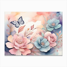 Pink And Blue Flowers With Butterfly Canvas Print