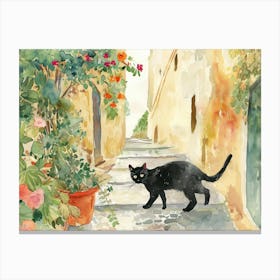 Black Cat In Catania, Italy, Street Art Watercolour Painting 1 Canvas Print