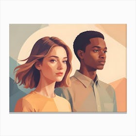 A Stylized Illustration Of A Young Woman And A Young Man, Both Looking Forward Canvas Print