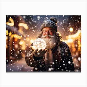 A Snowy Holiday Evening Time Scene Featuring A Man Holding A Luminous Orb That Glimmers With Encapsu 2 1 Canvas Print