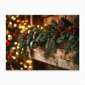 Extreme Close Up Of A Rustic Wooden Shelf Adorned With Holiday Wreaths Garland Intertwined With Spa Canvas Print