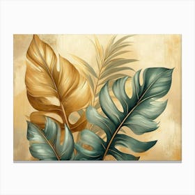 Vintage Tropical Green Brown Leaves, Beige Background, Golden Texture 6 Canvas Print