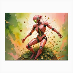 A Pink Female Robot Surrounded By Gold Coins Jumps In Celebration Against A Colorful, Abstract Background Canvas Print