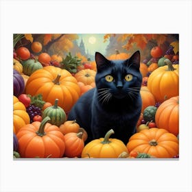 Black Cat Sitting In A Pile Of Pumpkins With A Moonlit Sky Canvas Print