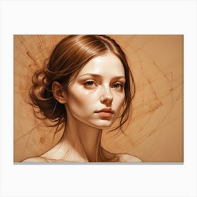 A Portrait Of A Young Woman With Reddish Brown Hair Styled In A Bun, Her Gaze Direct And Serene, Set Against A Textured, Abstract Background Canvas Print