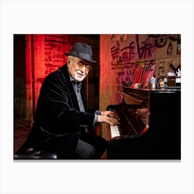 Neon Lit Portrait Of An Elderly Male Pianist Immersed In A Soulful Melody Burgundy And Beige Fedor Canvas Print