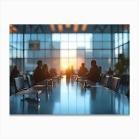 Blurred Silhouettes Of Businesspeople Sitting Around A Large Conference Table During Sunset, With Warm Light Streaming Through The Windows Canvas Print