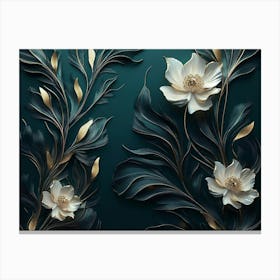 3d Modern Artwork Painting Abstraction Art with White, Dark Green and Golden Flowers Canvas Print