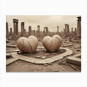 Two Broken Heart Sculptures Are Placed In The Center Of An Ancient, Ruined City, Suggesting The End Of Love Or A Lost Civilization Canvas Print