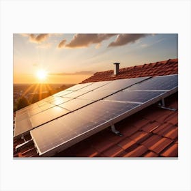 Residential House Roof With Solar Panels At Sunset 1 Canvas Print