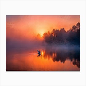 Fantastic Scenery Of A Forest In Dense Fog Illuminated By The Warm Glow Of A Setting Sun Casting A R Canvas Print